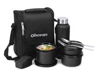 SOPL-OLIVEWARE Teso Pro Lunch Box with Steel Cutlery,3 Microwave Safe Inner Containers with Bpa Free Lids(290Ml,450Ml&600Ml) Plastic Pickle Box(130Ml) Steel Water Bottle(750Ml)-Black,600 ML