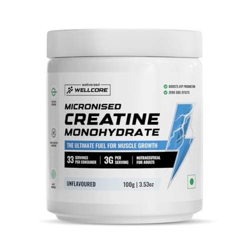Wellcore - Pure Micronised Creatine Monohydrate (100G, 33 Servings) Lab Tested | Unflavoured | Enhanced Muscle Strength & Power | Fast Recovery