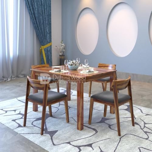 DRIFTINGWOOD Liana Dining Table 4 Seater | Four Seater Dinning Table with 4 Chairs with Grey Cushions for Home | Rosewood, Natural Finish, Self Assembly(DIY)