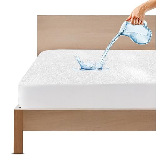 GADDA CO 100% Waterproof Premium Cotton Feel Mattress Protector Double Bed 78x72 Inch|Ultra Soft Breathable & Hypoallergenic Fitted Bed Protector Terry Cover (6.5x6 feet, Fits Upto 10 Inches, White)