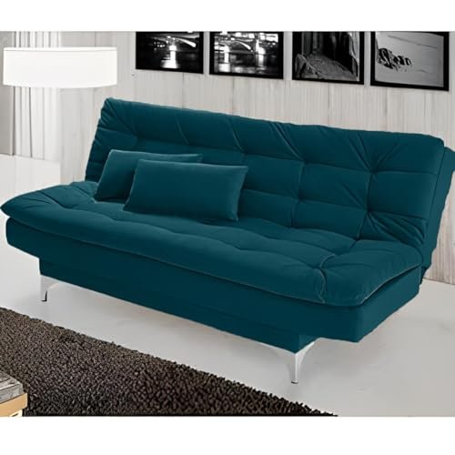 AMATA Eagle 3 Seater Sofa Cum Bed Ocean Blue Suede Velvet Fabric with Two Cushions Perfect for Home Living Office Room and Guests (Ocean Blue 2, Medium)(3 Year Warranty)