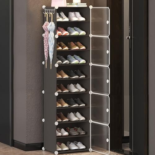 AYSIS 𝟏𝟎 𝐒𝐡𝐞𝐥𝐟 DIY Shoe Rack Box Organizer | Multi-Purpose Plastic Shoe Rack for Home | Home Storage Shoe Rack with Door for Entryway, Chappal Slipper Sandals Shoe Stand【Grey, 10-Shelf-5-Door】