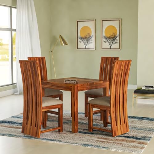 Adichwal Furniture Solid Sheesham Wood 4 Seater Dining Table Set with Cushioned Chairs for Dining Room | Living Room | Home & Office | Hotels Restaurant & Cafe (4 Seater, Honey B)