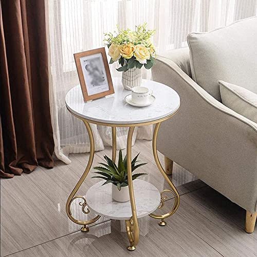Alenz The Craft Round End Table, Wooden Top Side Table for Living Room, Gold Nightstand for Bedroom with 2 Layers of Storage Accent for Balcony and Office etc [White Gold]