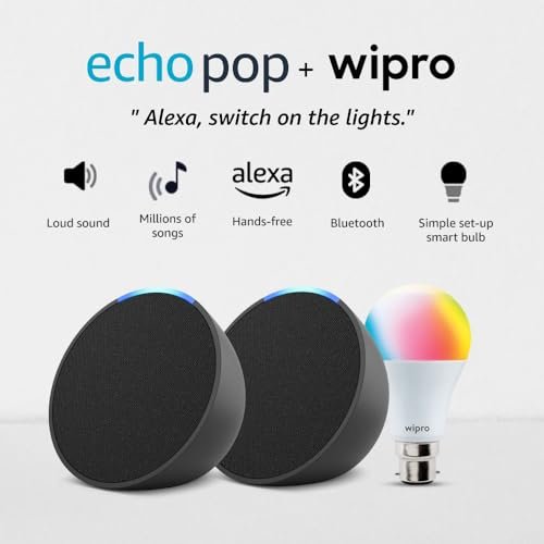 Amazon Echo Pop (Black) gift twin pack with Wipro 9W Simple Setup LED Smart Color Bulb and Alexa | with Smart Home controls