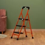 BonKaso Premium Steel Multipurpose Climb Easy Anti-Slip 3-Step Foldable Ladder with Safety Clutch Lock, Support Handle and Tool Tray for Home - (Orange & Black)
