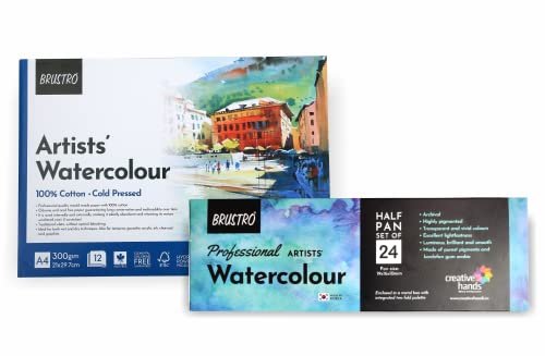 Brustro Professional Artists Watercolour 24 Half Pan Set with Cold Pressed Watercolour Pad - 100% Cotton, 300 GSM, A4, 12 Sheets | Pigmented, Transparent, Intermixable Colours, Watercolor.