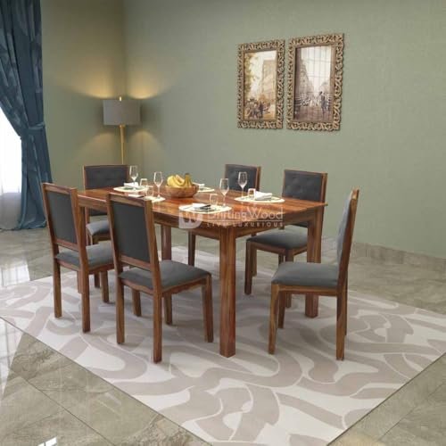 DRIFTINGWOOD Izabel Dining Table 6 Seater | Six Seater Dinning Table with 6 Chairs for Home with Grey Cushions | Rosewood, Honey Finish, Self Assembly(DIY)