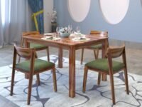 DRIFTINGWOOD Liana Dining Table 4 Seater | Four Seater Dinning Table with 4 Chairs with Green Cushions for Home | Rosewood, Natural Finish, Self Assembly(DIY)