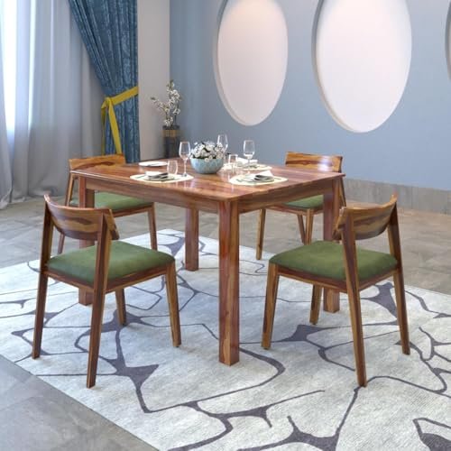 DRIFTINGWOOD Liana Dining Table 4 Seater | Four Seater Dinning Table with 4 Chairs with Green Cushions for Home | Rosewood, Natural Finish, Self Assembly(DIY)