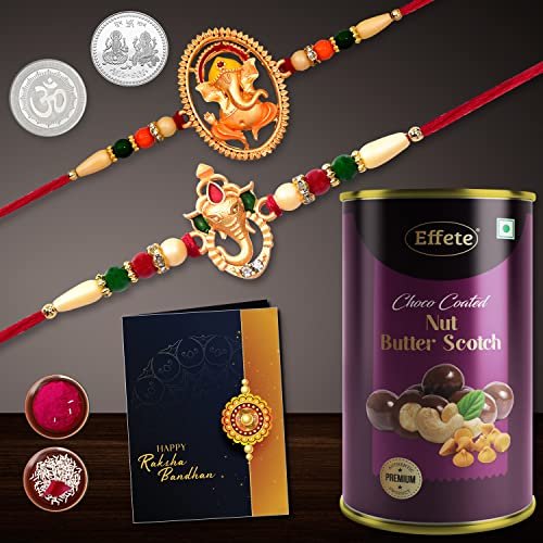 DeoDap Unique Bracelet, Ganesha Design Rakhi with Card And Chocolate Combo, Multicolour, Set of 2