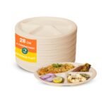ECO SOUL [11 inch, 25 Pack, 4-Compartment Disposable Bagasse Plates | Eco-Friendly, Biodegradable, Sugarcane Paper Plates | for Serving Dinner | Birthday, Wedding & Party | Round, Beige (28 cm)
