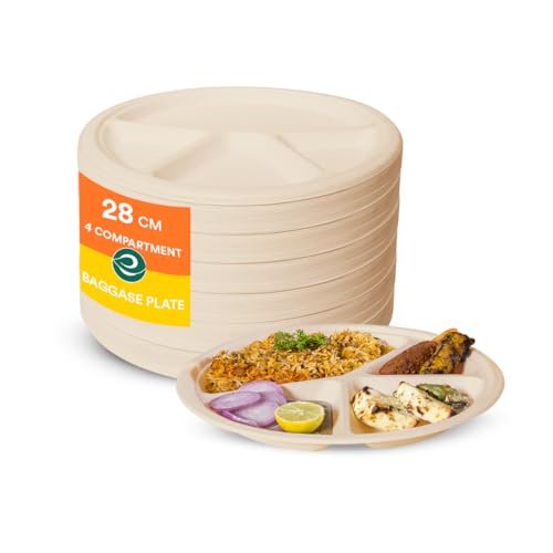 ECO SOUL [11 inch, 25 Pack, 4-Compartment Disposable Bagasse Plates | Eco-Friendly, Biodegradable, Sugarcane Paper Plates | for Serving Dinner | Birthday, Wedding & Party | Round, Beige (28 cm)