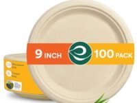 ECO SOUL [9 inch, 100 Pack Disposable Bagasse Plates | Eco-Friendly, Biodegradable, Sugarcane Paper Plates | for Serving Snacks | Birthday, Wedding & Party | Round, Beige (23 cm)