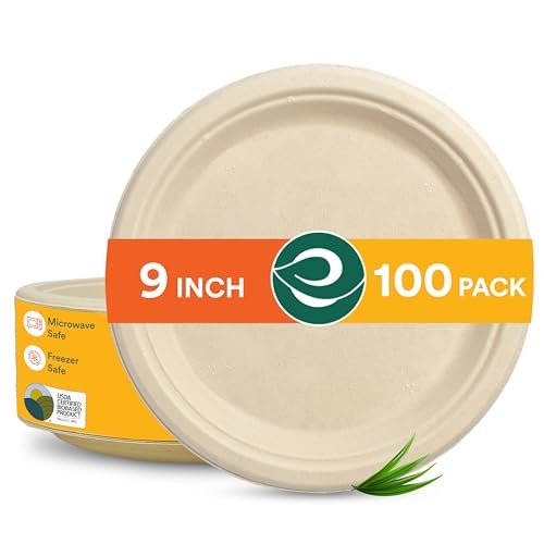 ECO SOUL [9 inch, 100 Pack Disposable Bagasse Plates | Eco-Friendly, Biodegradable, Sugarcane Paper Plates | for Serving Snacks | Birthday, Wedding & Party | Round, Beige (23 cm)