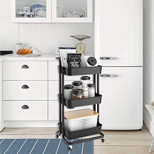 EMNDR 3-Tier Kitchen Storage Trolley Rack with Caster Wheels Rolling Cart Metal Utility Space Saving Home Storage Organizer Racks with Wheel