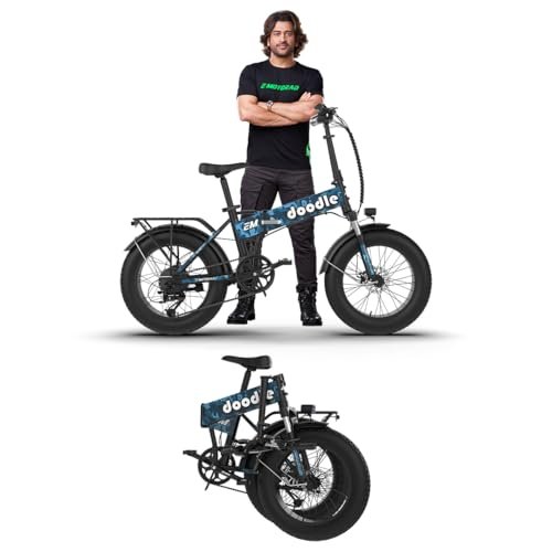 EMotorad Doodle Pro Fat-Tire Foldable Electric Mountain Bike – 250W Rear Hub Motor, 12.75Ah Removable Li-ion Battery, C6+ Display, Front/Rear Lights with Side Indicators (Doodle Pro, Military Blue)
