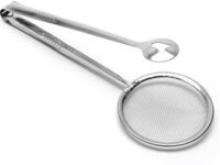 Entisia Mesh Service Tong Strainers - 2 in 1 Stainless Steel Kitchen Tongs Filter Spoon with Clip, Multifunctional Oil Filter Strainer Mesh with Long Handle for Fried Chicken, French Fries (Pack of 1)