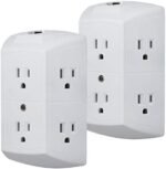GE 6-Outlet Extender, 2 Pack, Grounded Wall Tap, Reset Button, Circuit Breaker, Adapter Spaced Outlets, 3-Prong, Multiple Plug, Quick and Easy Install, Cruise Essentials, UL Listed, White, 46854