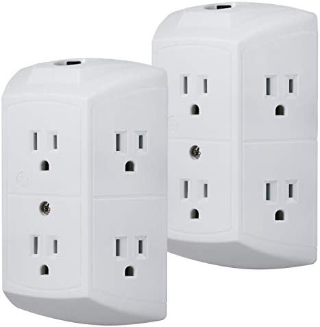 GE 6-Outlet Extender, 2 Pack, Grounded Wall Tap, Reset Button, Circuit Breaker, Adapter Spaced Outlets, 3-Prong, Multiple Plug, Quick and Easy Install, Cruise Essentials, UL Listed, White, 46854