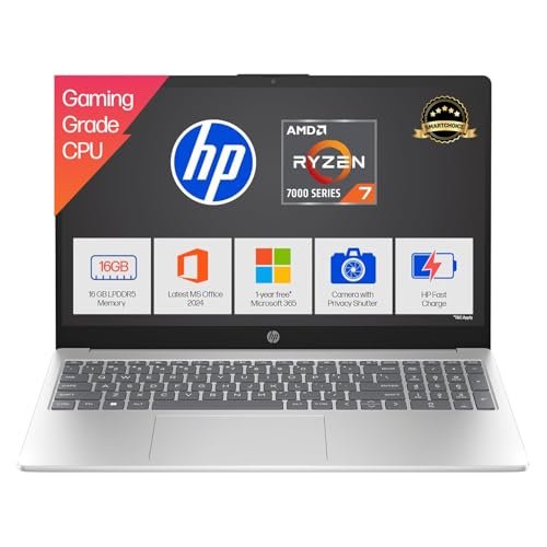 HP 15, AMD Ryzen 7 7735HS (16GB DDR5,512GB SSD) FHD, Anti-Glare, Micro-Edge, 15.6''/39.6cm, Win11, M365 Basic(1yr)* Office24, Silver, 1.59kg, fc1038AU, AMD Radeon FHD Camera w/Shutter, Backlit Laptop