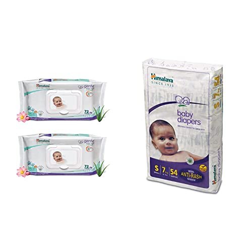 Himalaya Gentle Baby Wipes - 72 Pieces (Pack of 2) & Himalaya Baby Small Diapers (54 Count)