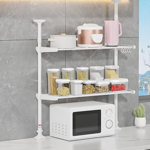 HomeCloud 3-Tier Adjustable Shelf with Double Tension Pole - Standing Shelving Units for Over-The-Toilet Storage and Laundry Organization (Adjustable kitchen Rack, White)