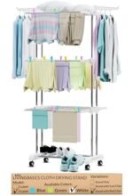 LIVINGBASICS 18 Clips with 3 Layer Cloth Drying Stand for Balcony/Cloth Stand for Drying Clothes Foldable/Stainless Steel Dryer Rack (Snow White, 66 x 174 x 74 cm)