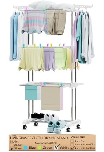 LIVINGBASICS 18 Clips with 3 Layer Cloth Drying Stand for Balcony/Cloth Stand for Drying Clothes Foldable/Stainless Steel Dryer Rack (Snow White, 66 x 174 x 74 cm)