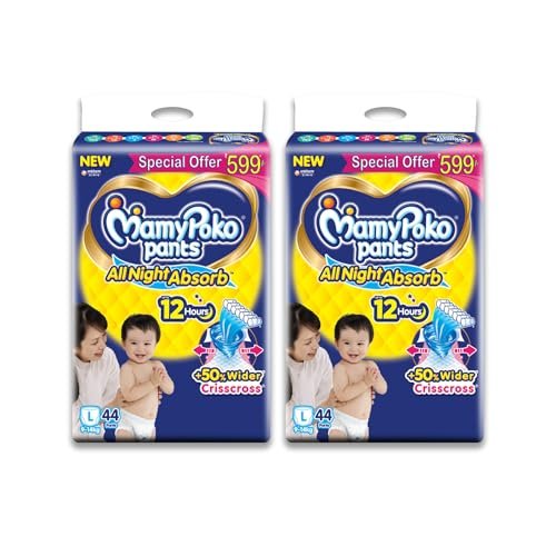 MamyPoko Pants All Night Absorb Baby Diapers, Large (L), 44 Count per Pack, 9-14 kg, Pack of 2 (88 Count)