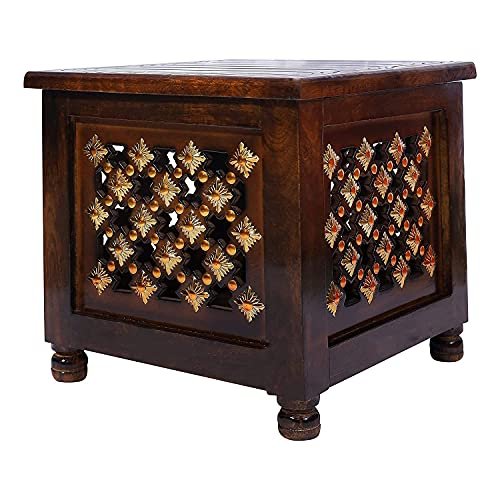 RESHUZ Beautiful Antique Wooden Stool with Storage for Living and Bedroom Furniture (Brown, 12 Inch)