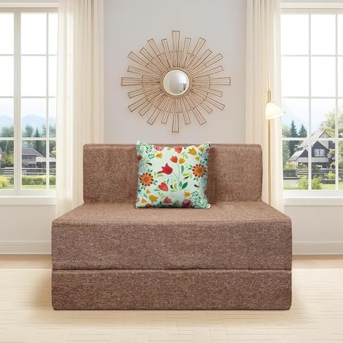 SOFA SANCTUARY Foldable Sofa Bed Single Seater Sofa Cum Bed for Home & Office| Jute Fabric Washable Cover | 1 Cushions | Brown Color | 3' X 6' Feet