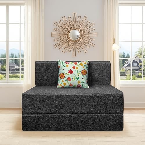 SOFA SANCTUARY Single Seater Sofa Cum Bed | Jute Fabric Washable Cover | 1 Cushions | Black Color | 3' X 6' Feet