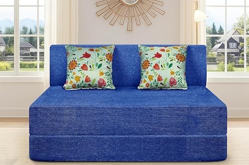 SOFA SANCTUARY Two Seater Sofa Cum Bed | Jute Fabric Washable Cover | 2 Cushions | Blue Color | 4' X 6' Feet
