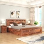 SONA ART & CRAFTS Kuber Solid Sheesham Wood Queen Size Bed with Storage Box + 2 Side Tables, Wooden Bed Queen Size Cot, Double Bed with Box & 2 Side Tables for Home - Teak Finish (Assembly Included)