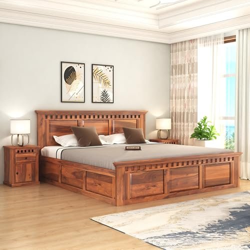 SONA ART & CRAFTS Kuber Solid Sheesham Wood Queen Size Bed with Storage Box + 2 Side Tables, Wooden Bed Queen Size Cot, Double Bed with Box & 2 Side Tables for Home - Teak Finish (Assembly Included)