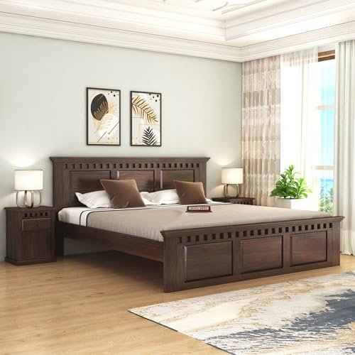 SONA ART & CRAFTS Sheesham Wood Queen Size Bed Without Storage | Solid Wooden Cot Bed | Double Bed Furniture for Bedroom Living Room Home - Q_04, Walnut Finish (Assembly Included)