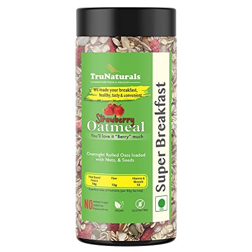 TruNaturals Strawberry Oatmeal Cereal for Breakfast 550Gm | Sugar-free, Gluten-free & Vegan | Overnight Rolled Oats with Freeze-dried Real Fruit, Almonds & seeds | Oatmeal for weight loss
