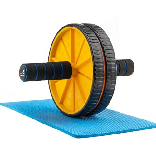 VFK by Xtrim Abs Wheel Roller With 6mm Knee Mat, Stainless Steel Rod, Gym Equipment For Abs Building, Ab Roller For Men to Strengthen Core Muscles, Tone Arms, Shoulder, Back (Black and Yellow)