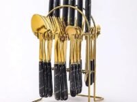 XieXie 24-Piece Gilded Stainless Steel Flatware Set Handle with Ceramic,Kitchen Utensil Tableware Cutlery Set Service for 6, Steak Cutlery Set for Home and Restaurant (Black)