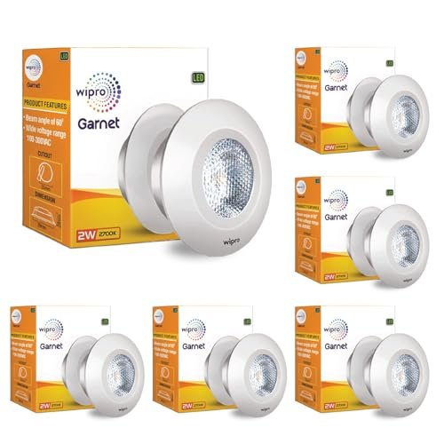 wipro Polycarbonate Garnet 2W Led Integrated Spotlight | Cool White (6500K) | Compact Design Ceiling Spot Light for Cabinets & Wardrobes | Cutout-33Mm | Pack of 6 -