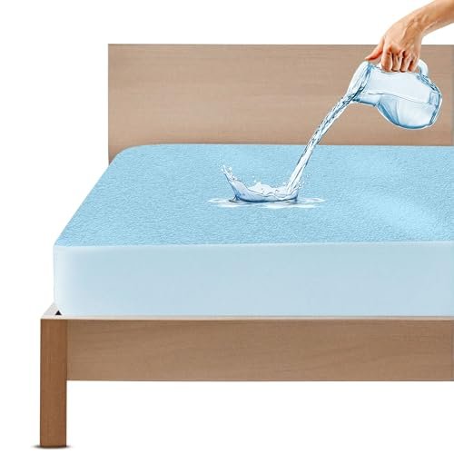 GADDA CO 100% Waterproof Premium Cotton Feel Mattress Protector Queen Bed 75x60 Inch|Ultra Soft Breathable & Hypoallergenic Fitted Bed Protector Terry Cover(6.3x5 feet, Fits Upto 10 Inches, Blue)