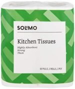 Amazon Brand - Solimo Kitchen Tissue Rolls | 2 Ply Kitchen Paper Roll | 120 Pulls | 60 Pulls x 2 Rolls | Food Safe | Highly Absorbent | OBA-Free | 100% Natural Virgin Cellulose Fiber