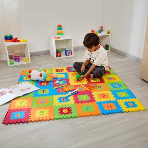 Amazon Brand - Supples Pop Out Interlocking Playmat | Baby Puzzle Mat | Alphabets & Numbers Floor Mat | Multicolour |EVA Foam | Safe & Soft