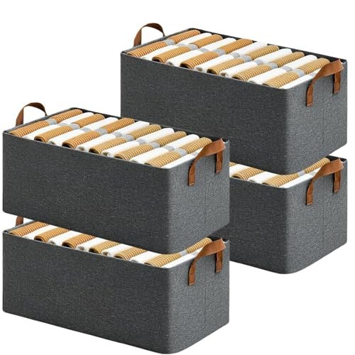 DAREV 4 Pcs Wardrobe Organizer for Clothes with Metal Frame Rectangle Storage Baskets for Clothing Fabric Storage Box with Handles Shelf Basket for Storage Clothes Pants Jeans Sweater (Grey)