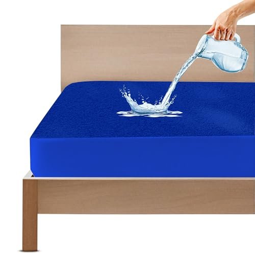 GADDA CO 100% Waterproof Premium Cotton Feel Mattress Protector Queen Bed 72x60 Inch|Ultra Soft Breathable & Hypoallergenic Fitted Bed Protector Terry Cover(6x5 feet,Fits Upto 10 Inches, Royal Blue)