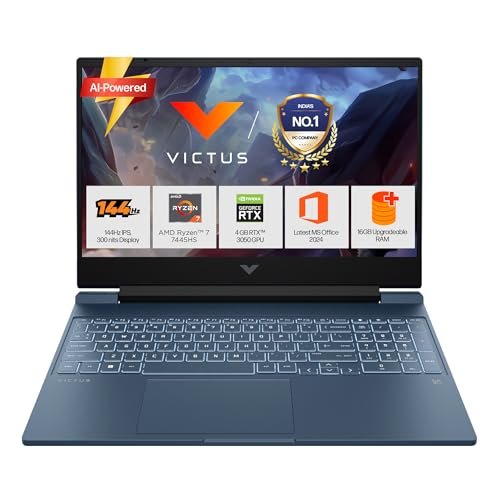 HP Victus, AMD Ryzen 7 7445HS, 6 GB RTX 3050,Upgrade (Upto 32GB) 16GB DDR5, 512GB SSD, FHD, 144Hz, 300 nits, IPS, 15.6''/39.6cm, Win 11, M365* Office24, Blue, 2.29kg, fb3134AX, Backlit, Gaming Laptop