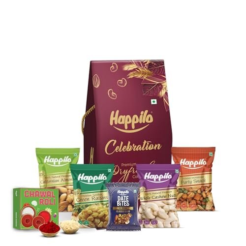 Happilo Premium Rakhi Gift Pack with 8 Inclusions | Rakhi, Roli Chawal, Almonds, Cashew, Raisins, Date Bites, Party snack & Card | Hamper, Combo, Dry Fruits DOVE Gift Box