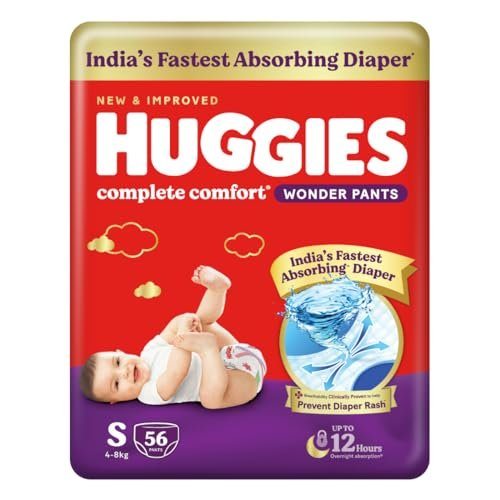 Huggies Complete Comfort Wonder Pants | Pant Style Baby Diapers Small Size, 56 Count | India's Fastest Absorbing Diaper, Prevents Diaper Rash, Ideal for 4 to 8 Kgs