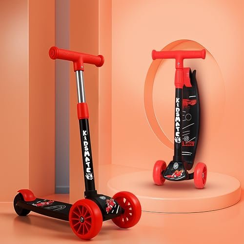 Kidsmate Cruiser Kick Scooter for Kids with Broad Wheels | 3-Wheel Skate Scooter for Boys & Girls of Ages 2-12 Years | 5-Level Adjustable Height, and Easy Fold Design Scooter for Kids (Black)
